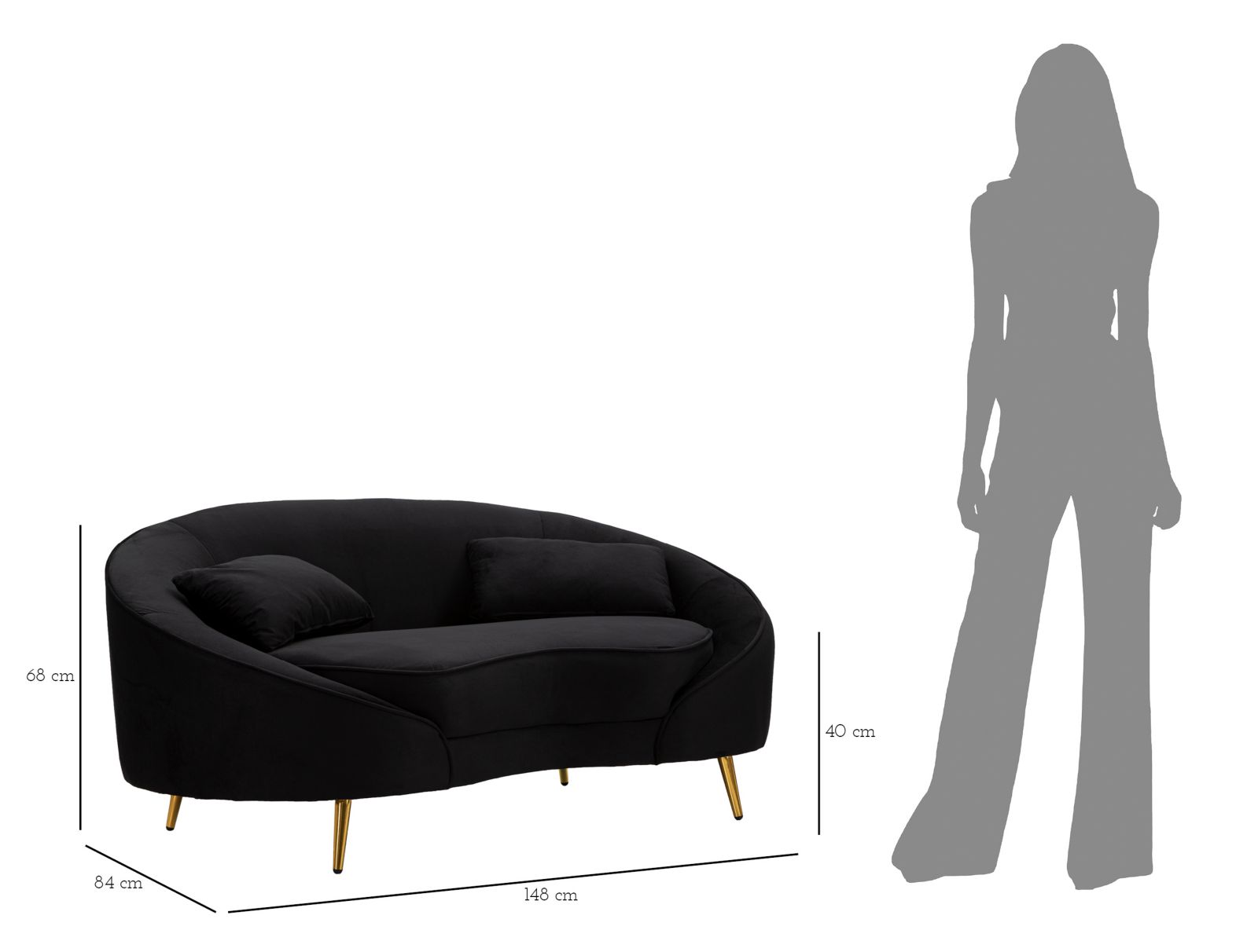 Oslo 2 Üléses Kanapé Párnával, Fekete 148x84x68 cm Oslo 2 Üléses Kanapé Párnával, Fekete 148x84x68 cm