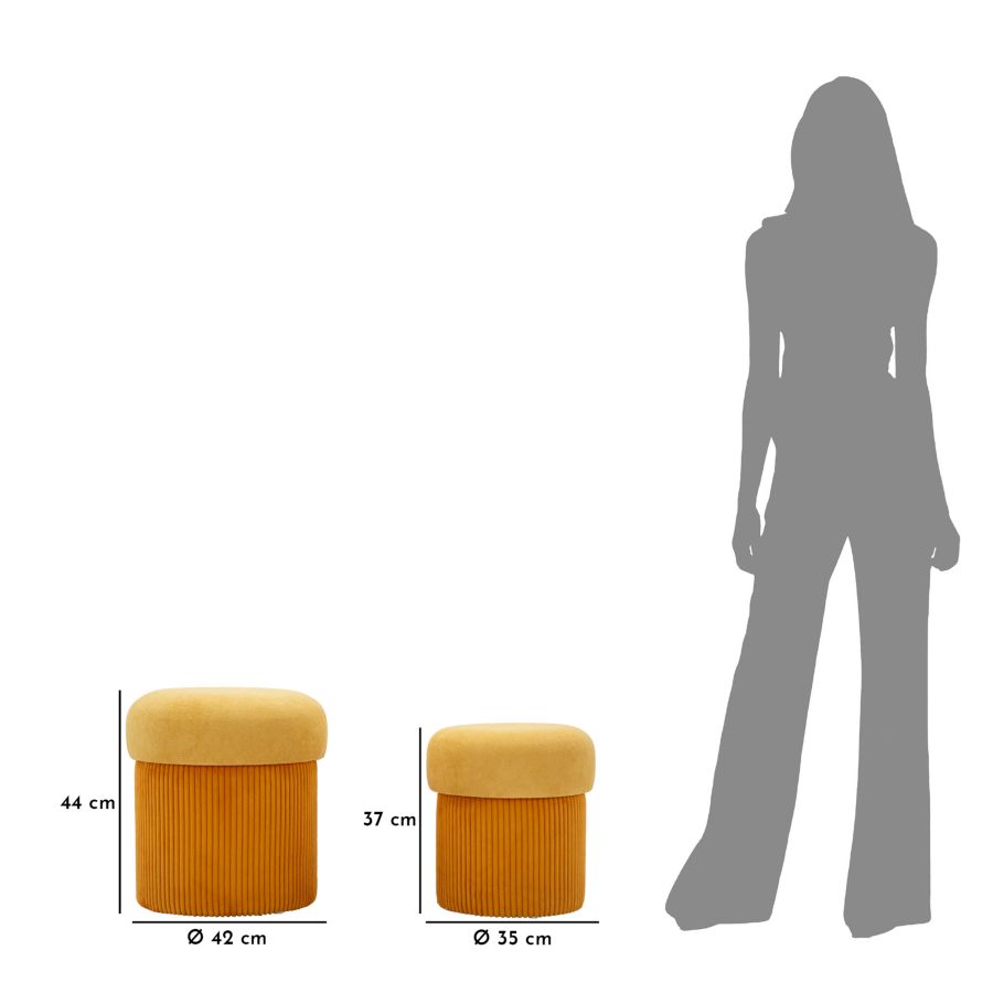Tárolóval Rendelkező Puff Aspen mustárszínű 2 db Ø 42x44-35x37 cm Tárolóval Rendelkező Puff Aspen mustárszínű 2 db Ø 42x44-35x37 cm